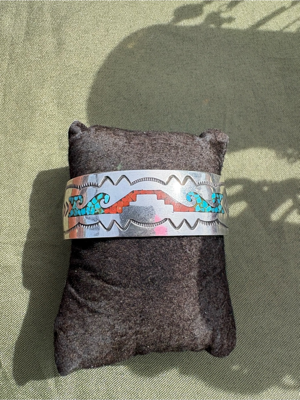 Silver Cuff Bracelet with Turquoise and Coral Inlay